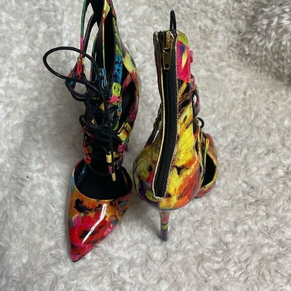 Steve Madden STF Floral Multi color patent lace up Stilettos pointed toe SZ8M - Picture 4 of 11